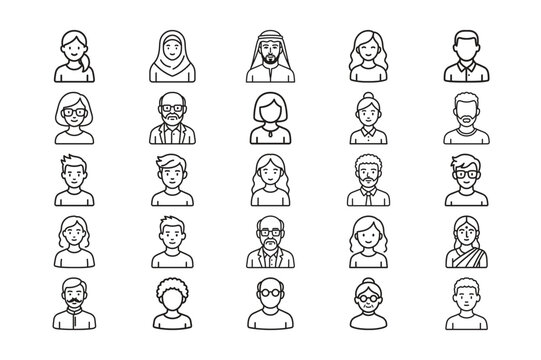 Diverse people avatar line editable stroke icon set containing different nationalities ages and genders vector illustration pack