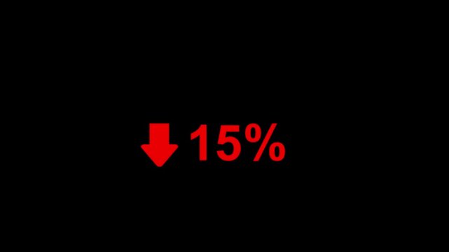 Red Down Arrow 15 Percent Decrease Animation on Black Background | Loss, Decline, Negative Growth Indicator 4K