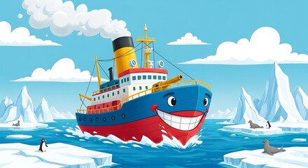 Obraz premium Smiling cartoon ship in icy waters.
