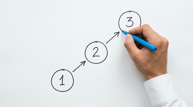 A hand wearing a white collared shirt uses a blue marker to draw a numbered progression from 1 to 2 and then to 3 on a white surface process step sequence diagram drawing