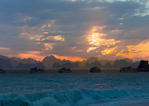 Sunset in the morning on the harbour In Ha long Bay in Vietnam