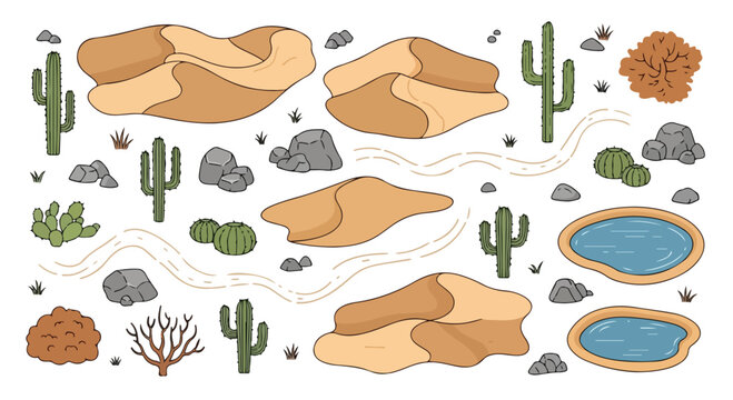 Desert landscape elements set, hand drawn sand dunes and saguaro cactus icons, dry wild west nature vector collection with oasis and rocks