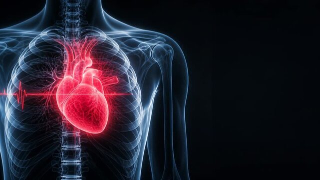 Human chest X ray with glowing red heart in center on dark background, medical diagnosis concept, heart health, cardiology care, disease awareness.