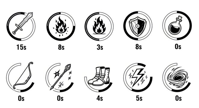 Black and white game icons representing weapons magic and items