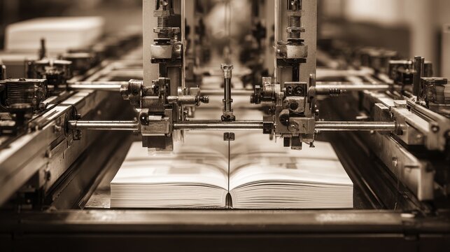 Industrial automated bookbinding machine in a printing house factory