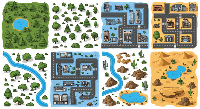 Isometric map constructor kit, 8 landscape tiles with city roads and forest nature, cartoon game environment assets with desert and water