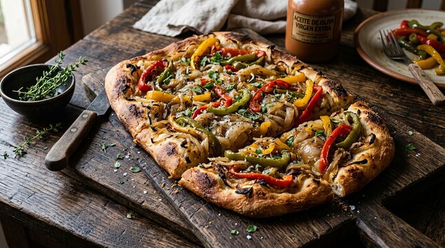 Deliciously savory flatbread pizza topped with colorful bell peppers and onions, served on a rustic wooden board.