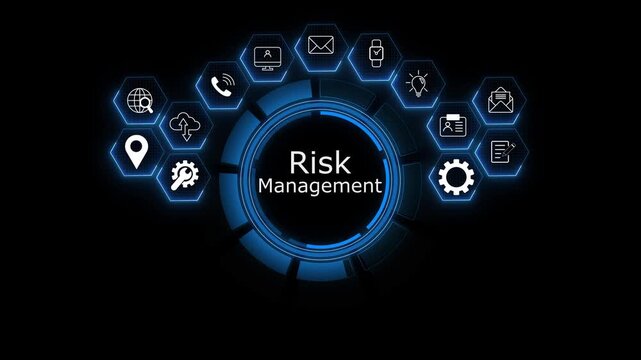 A glowing neon risk assessment concept surrounded by smaller icons for ai and manufacturing process management all connected in a digital circuit like pattern, on transparent background,