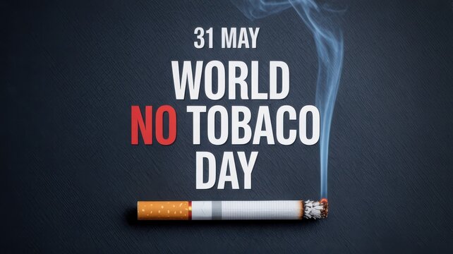 World No Tobacco Day announcement on dark background with burning cigarette and smoke
