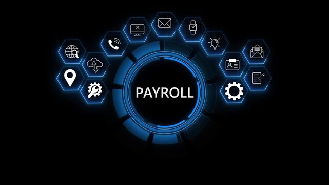 Digital payroll management system with hexagonal financial icons . animation on transparent background,