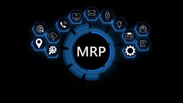Futuristic digital interface showing mrp text in glowing blue circle, surrounded by hexagon icons for manufacturing planning, analytics, automation, security on transparent background.