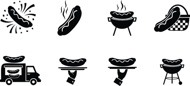 Hot dog street food icon set with grilling elements and delivery truck vector collection.