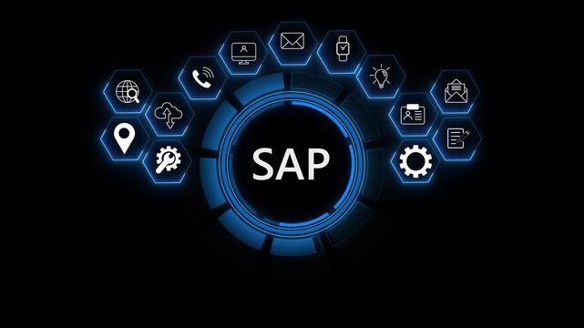 Professional enterprise resource planning concept with SAP heading and system icon for corporate management, software solutions, and business logic. on transparent background.
