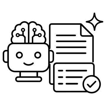 AI document summarization line icon with robot and checklist document