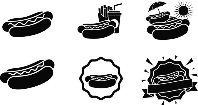 Hot dog vector silhouette illustration, set of line art icons isolated on background.