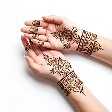 Intricate Traditional Henna Mehndi Design on Palms with Floral Motifs and Geometric Bracelets