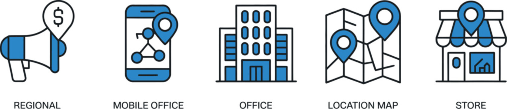 Multi branches business web icon illustration concept featuring regional offices mobile office locations store chain and map pin symbols vector graphics