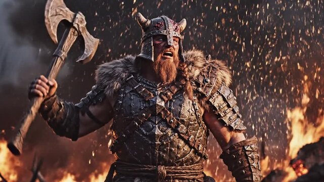 Cinematic Viking Warrior In Armor Shouting With Battle Axe Amidst Intense Fire And Smoke