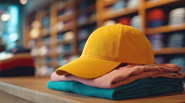 Yellow baseball cap on a stack of colorful folded t-shirts on a wooden counter in a retail store