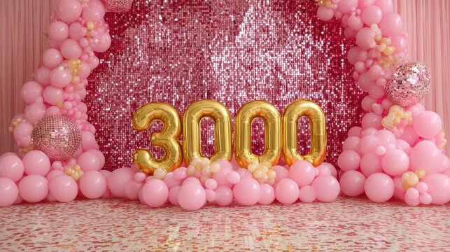 Golden 3000 Number Balloons Surrounded by Pink Balloon Arch and Sequins Backdrop.
