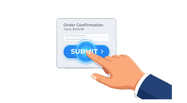 A flat vector illustration of a user confirming an action by clicking a submit button on a mobile interface.