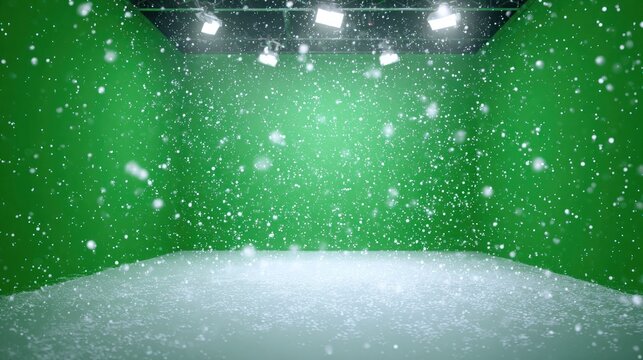 Snowy green screen studio with overhead lights for visual effects