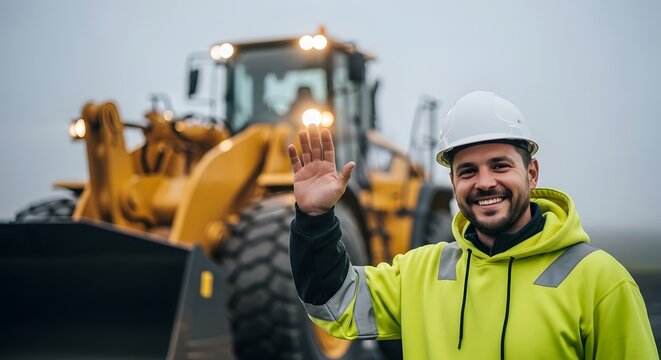 Smiling Construction Worker Waving In Front Of A Heavy Yellow Front Loader Machinery.