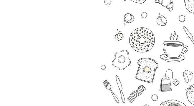 a minimalist breakfast illustration with donuts toast bagel coffee cup and utensils on white background in simple line art style for morning food and drink concepts with empty space for text