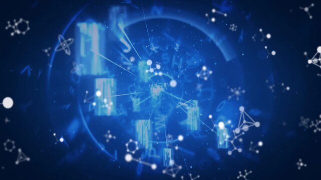 Dim glow brightening, core pulsing, symbols orbiting outward, forming links, showing network