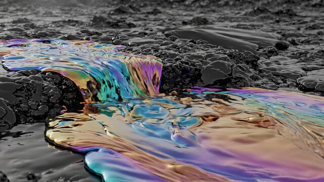 Alarming vibrant iridescent rainbow oil slick creates disturbing pattern on dark asphalt surface, environmental pollution flowing, showing ecological damage from spill