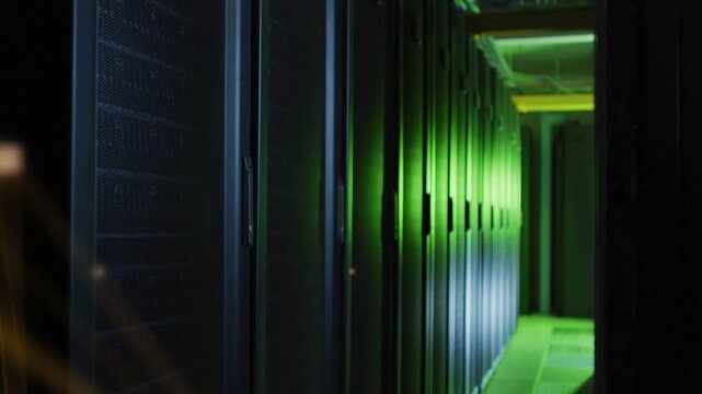 System scan starting left, golden mesh expanding across data center racks, showing data links