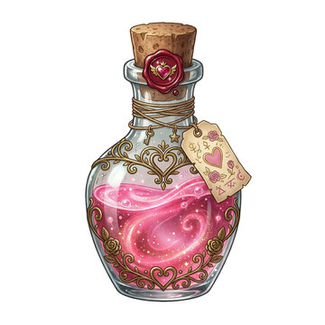 Ornate glass heart-shaped love potion bottle with swirling pink liquid and a wax seal isolated on white background