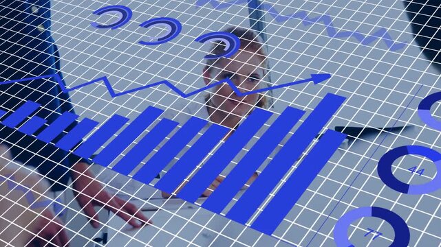 Man pointing at appearing holo grid woman watching blue 3D charts forming analyzing business growth