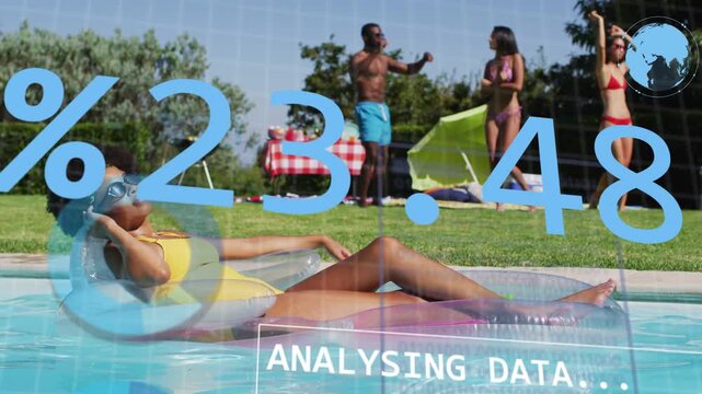 Woman lounging on float in pool while ANALYSING label updating pcts, bars showing business metrics