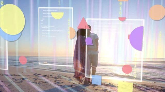 Woman and man holding hands, initiating strolling along shore, sharing sunset with UI code overlays