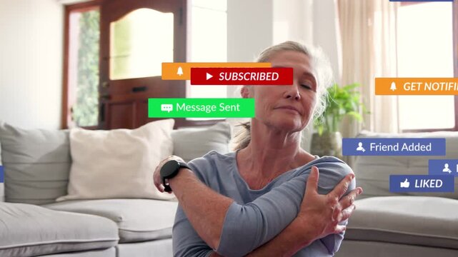 Woman on couch stretching, social notifs rising, opening eyes pushing overlays away, relaxing smile