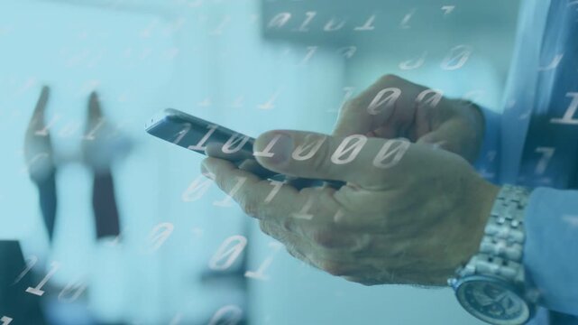 Male professional thumb poised, tapping swiping rotating smartphone, reviewing business binary data