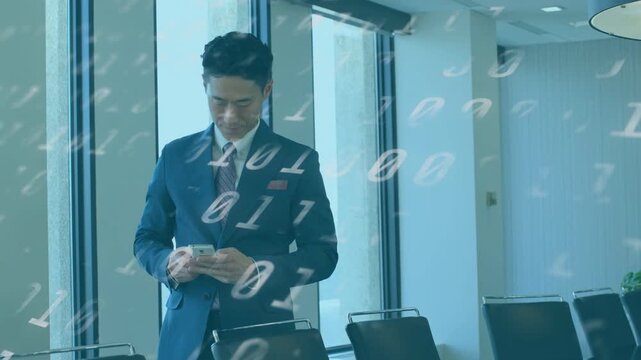 Executive adjusting collar then using phone in office, tapping as binary digits drifting over him