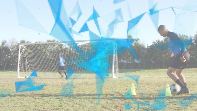 Player leaving cones, dribbling then shooting for soccer drill, blue overlay sweeping across player