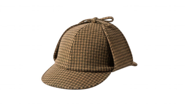 A brown and tan houndstooth pattern deerstalker hat with ear flaps and a bow, isolated against a solid black background