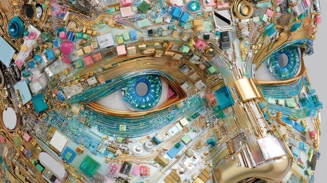 Intricate Mosaic Sculpture of a Human Face Adorned with Jewels and Found Objects.