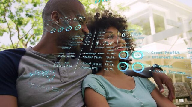 Couple sharing smiles, gaze on bench, smile activating AR gauges, percentages gauging mood for tech