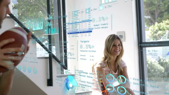 Plaid man tossing football, green man passing back to seated woman, AR charts tracking playful tech