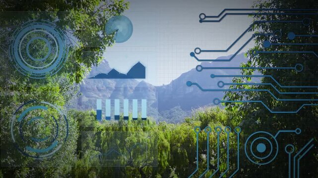 HUD activating on forest valley, rings pulsing, globe shifting, bars filling, displaying data
