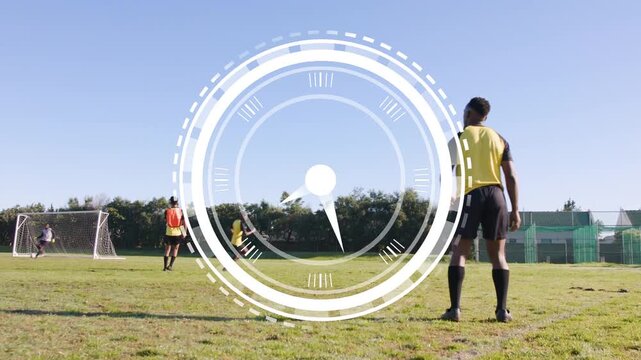 Main player yellow bib lifting ball and throwing passes, soccer team running, HUD timing drill