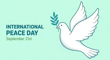 Obraz premium International peace day banner with a white dove holding an olive branch on a light teal background, celebrating september 21st