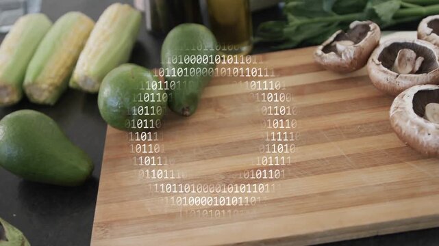 Binary overlay pulsing, bamboo board shifting left while veg showing recipe prep purpose