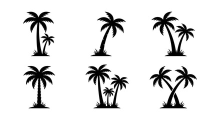 Palm Tree Silhouettes, Tropical Vector Icons Set, Beach Vacation & Summer Travel Graphics, Isolated Black & White Elements © Saifur
