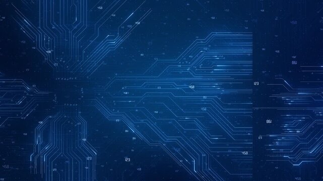 Blue circuit data background electronic pathways, small numbers, dotted matrix, dark technology depth. for software videos, digital dashboards, cyber intros, analytics screens, and tech overlays.