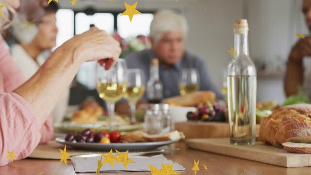 Left arm reaching picking grapes drawing seated adults wine glasses stars drifting celebrating food